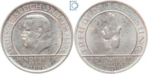 Weimar 3 Mark 1929 G, Schwurhand Hindenburg, J.340, Silber