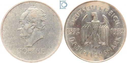 Weimar 3 Mark 1932 G, Johann Wolfgang von Goethe 100. Todestag, J.350, Silber