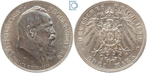 BAYERN, 3 Mark, Prinzregent Luitpold, 1911 D, J.49
