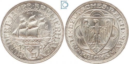Weimar 5 Mark 1927 A, Bremerhaven, J.326, Silber
