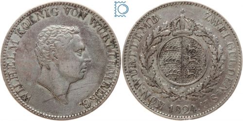 Württemberg, König Wilhelm I., Zwei Gulden 1824, J. 48, AKS 79