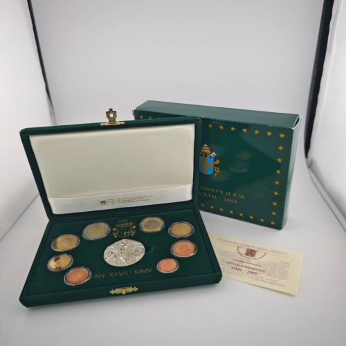 Vatikan Euro KMS 2005 Kursmünzensatz PP mit Silbermedaille in Box mit CoA