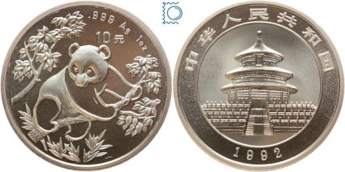 CHINA 1992 - 10 Yuan - Panda - 1 Unze Silber - stempelglanz