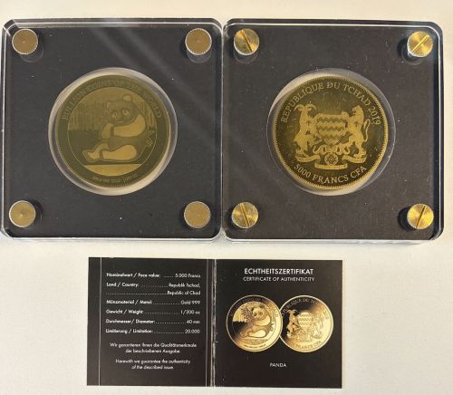 Goldmünze TSCHAD 2019 - Bullion PANDA 5.000 Francs 1/200 Oz Gold 999