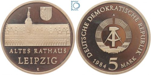 DDR 5 Mark 1984, Altes Rathaus Leipzig, PP Proof