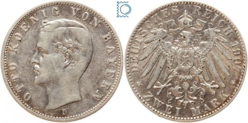 BAYERN, 2 Mark 1907 D, König Otto (1886-1913), J.45, Silber
