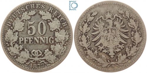 Kaiserreich, 50 Pfennig 1877 D, Wilhelm I., Silber J.8
