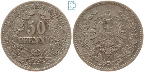 Kaiserreich, 50 Pfennig 1877 B, Wilhelm I., Silber J.8