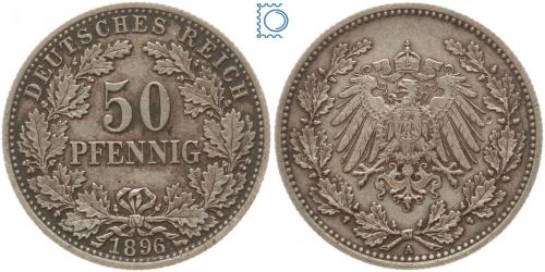 Kaiserreich, 50 Pfennig 1896 A, Kursmünze, Silber J.15 - TOP!