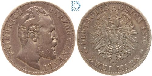 Kaiserreich Anhalt, 2 Mark 1876 A, Friedrich I. (1871-1904), J.19