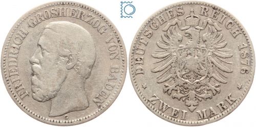 BADEN 2 Mark 1876 G, Friedrich I. (Friedrich I. 1856-1907), J.26