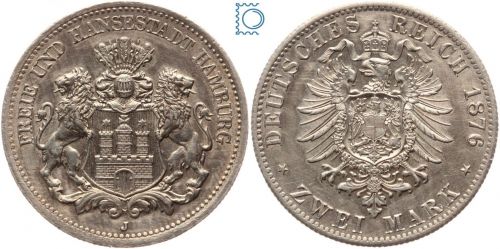 HAMBURG, 2 Mark 1876 J, Stadtwappen, J. 63, Silber