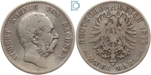 SACHSEN, 2 Mark 1877 E, König Albert (1873-1902), J.121