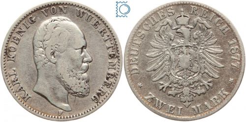 Württemberg, 2 Mark 1877 F, König Karl (1864-1891), J.172
