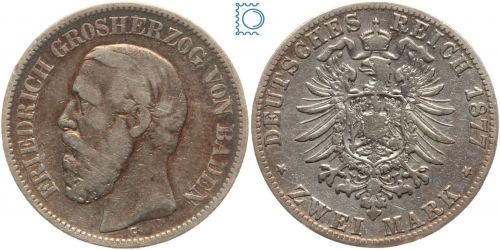 BADEN 2 Mark 1877 G, Friedrich I. (Friedrich I. 1856-1907), J.26