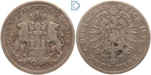 HAMBURG, 2 Mark 1877 J, Stadtwappen, J. 63, Silber