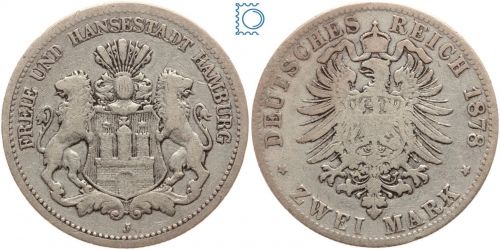 HAMBURG, 2 Mark 1878 J, Stadtwappen, J. 63, Silber