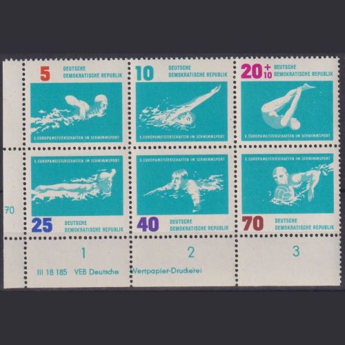 DDR, MiNr. 907-912 DV DWD - Sechserblock postfrisch - Schwimmsport