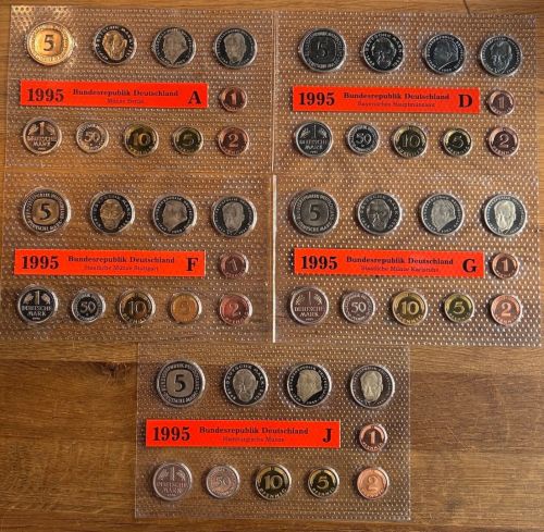 5x BRD KMS 1995 ADFGJ - stempelglanz 1 Pf. - 5 Mark OVP original Folie