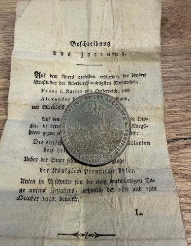 Jeton Jetton 1813 Alexander I. Russland & Franz I. Österreich Völkerschlacht mit original Beschreibungsblatt
