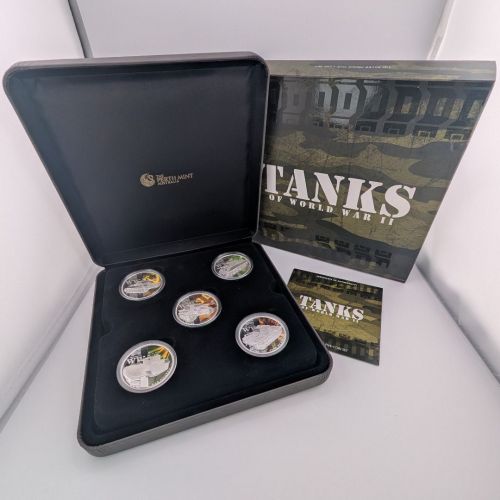 Tuvalu 5 x 1 Dollar 2003 | Tanks of World War II | 5 x 1 oz Silber| Box + CoA