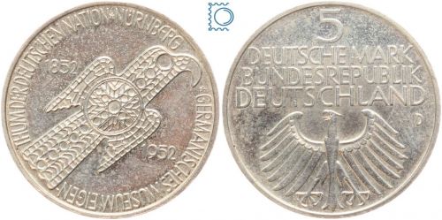 5 DM Germanisches Museum 1952 D - Silber Gedenkmünze - Jäger 388