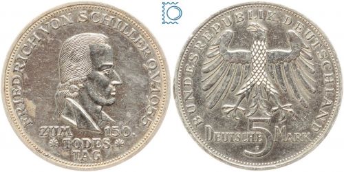 5 DM - Friedrich von Schiller 1955 F - vorzüglich! - Silber Gedenkmünze - J. 389