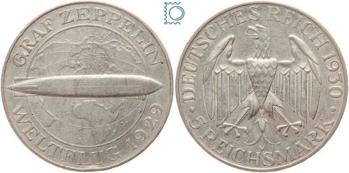 Weimar 5 Mark 1930 A | Graf Zeppelin Weltflug | J.342, Silber