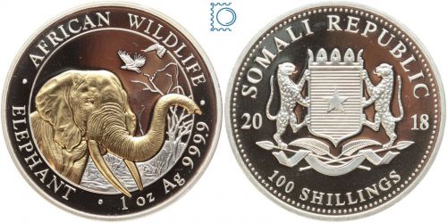 Somalia 100 Schilling 2018 | Elefant | 1 Unze Silber vergoldet - gildet