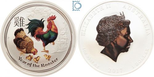 Australien - 1 Oz Silber Lunar II 2017 Year of the rooster - Farbveredelt