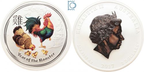 Australien - 2 Oz Silber Lunar II 2017 Year of the rooster - Farbveredelt