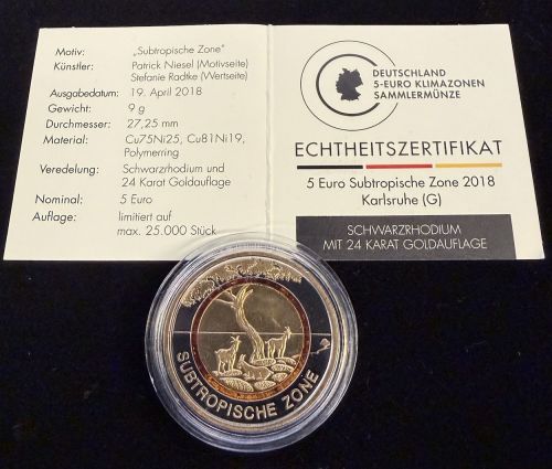 5 EURO 2018 G - Subtropische Zone - Schwarzrhodium & Goldauflage - Zertifikat!