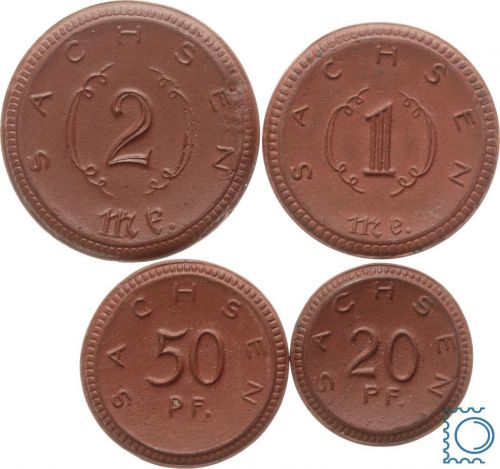 Freistaat Sachsen Porzellanmünzen - 10, 20 Pfennig, 1 + 2 Mark