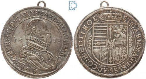 RDR Habsburg, Tirol 1 Taler 1618, Erzherzog Maximilian III. - Gegenstempel!