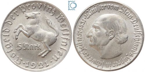 Notgeld Westfalen, 5 Mark, 1921, Minister von Stein, Alu, Jäger N11