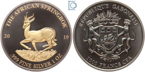 GABUN 1000 Francs CFA 2019 Golden Enigma - Springbock 1 Oz Silber