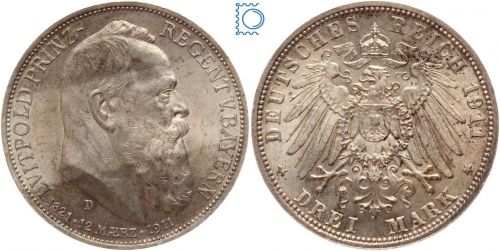 BAYERN, 3 Mark, Prinzregent Luitpold, 1911 D, J.49