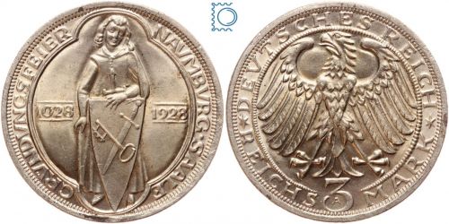 Weimar 3 Mark 1928 A, 900 Jahre Naumburg an der Saale, J.333, Silber