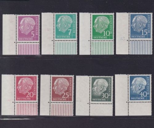 Bund Nr. 179y, 181y, 183y-186y, 259y, 260y Ecke Eckrand postfrisch Heuss lumogen