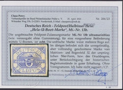 Deutsches Reich Feldpost U-Boot HELA MiNr. 13 b ungebraucht, Fotoattest Petry BPP