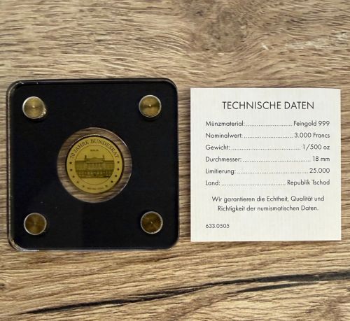 Goldmünze TSCHAD 2020 - 1/500 Oz Gold 999 - 70 Jahre Bundesrat