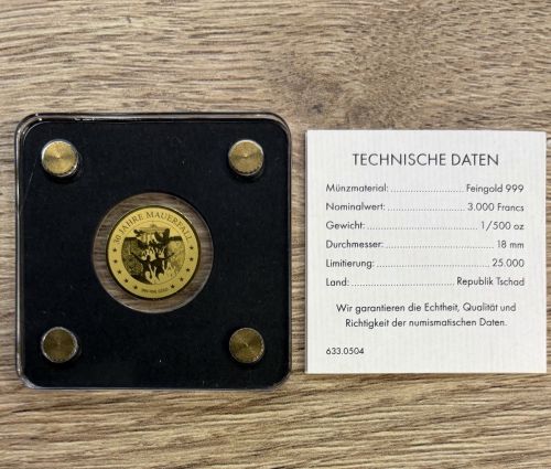 Goldmünze TSCHAD 2020 - 1/500 Oz Gold 999 - 30 Jahre Mauerfall
