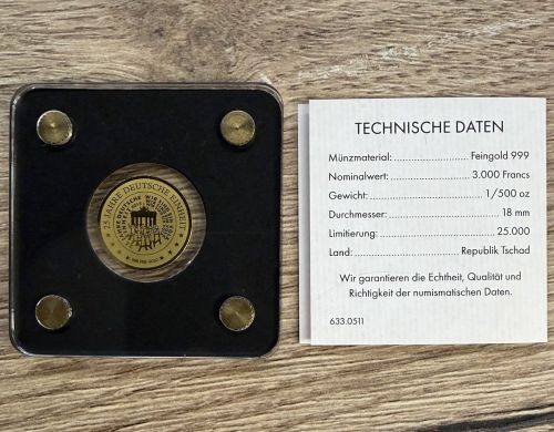 Goldmünze TSCHAD 2020 - 1/500 Oz Gold 999 - 25 Jahre Deutsche Einheit