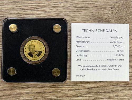 Goldmünze TSCHAD 2020 - 1/500 Oz Gold 999 - Helmut Schmidt