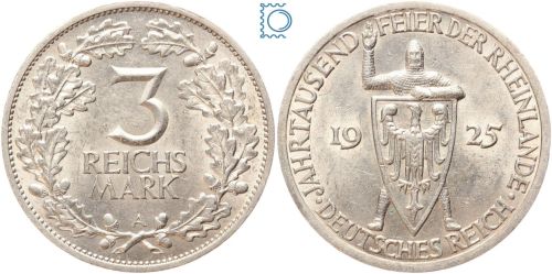 Weimar, 3 Reichsmark 1925 A | Jahrtausendfeier der Rheinlande | Jg. 321, Silber