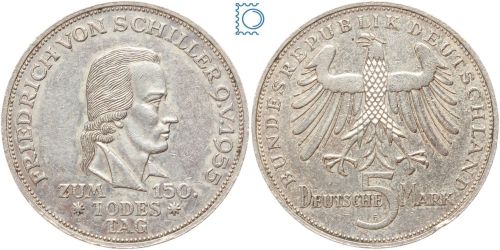 5 DM - Friedrich von Schiller 1955 F - Silber Gedenkmünze - Jäger 389