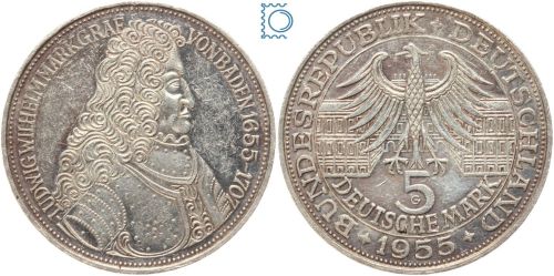 5 DM Markgraf von Baden 1955 G - Silber Gedenkmünze - Jäger 390