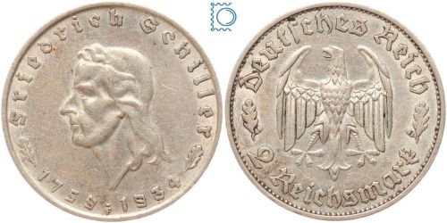 Deutsches Reich - 2 Mark 1934 F - Friedrich Schiller - Jäger 358