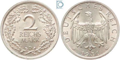 Deutsches Reich, 2 Mark 1931 D - Silber, J. 320, Weimarer Republik