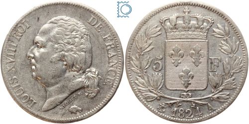Frankreich 5 Francs 1824 A Paris - Louis XVIII 1814-1824